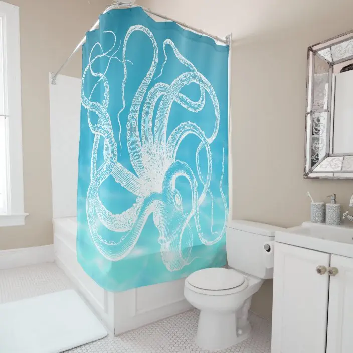 Vintage Ocean Octopus Kraken and Sailboat Illustration Shower Curtain Bathroom Curtain Hook Decorative Bathroom Curtain