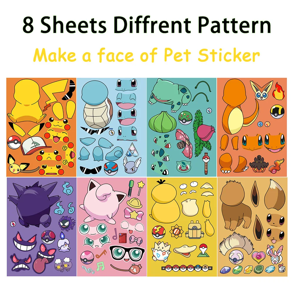 8pcs Cartoon Anime Pokemones Puzzle Anime Children DIY Charizard Stickers Assemble Funny Game Decal Jigsaw Kids Boy Toy Gift