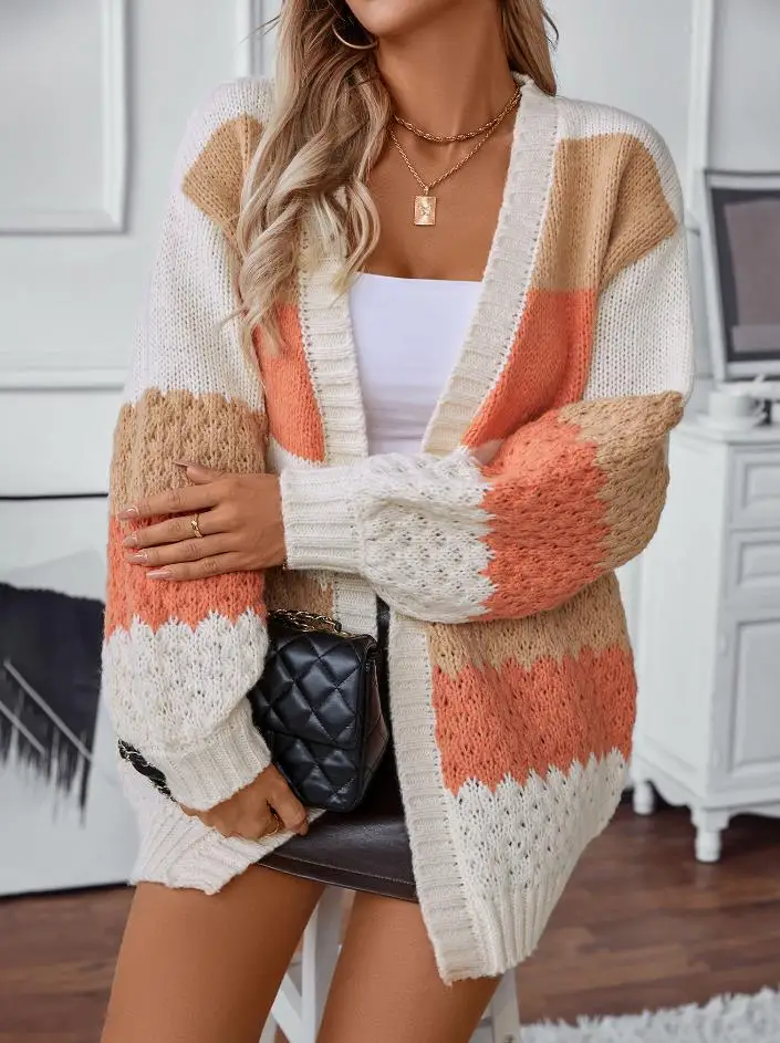 

Women's Street Trendy Coat 2025 Autumn Winter Latest Contrasting Stripes Loose Lantern Sleeves Knit Shirt Long Sleeves Cardigan