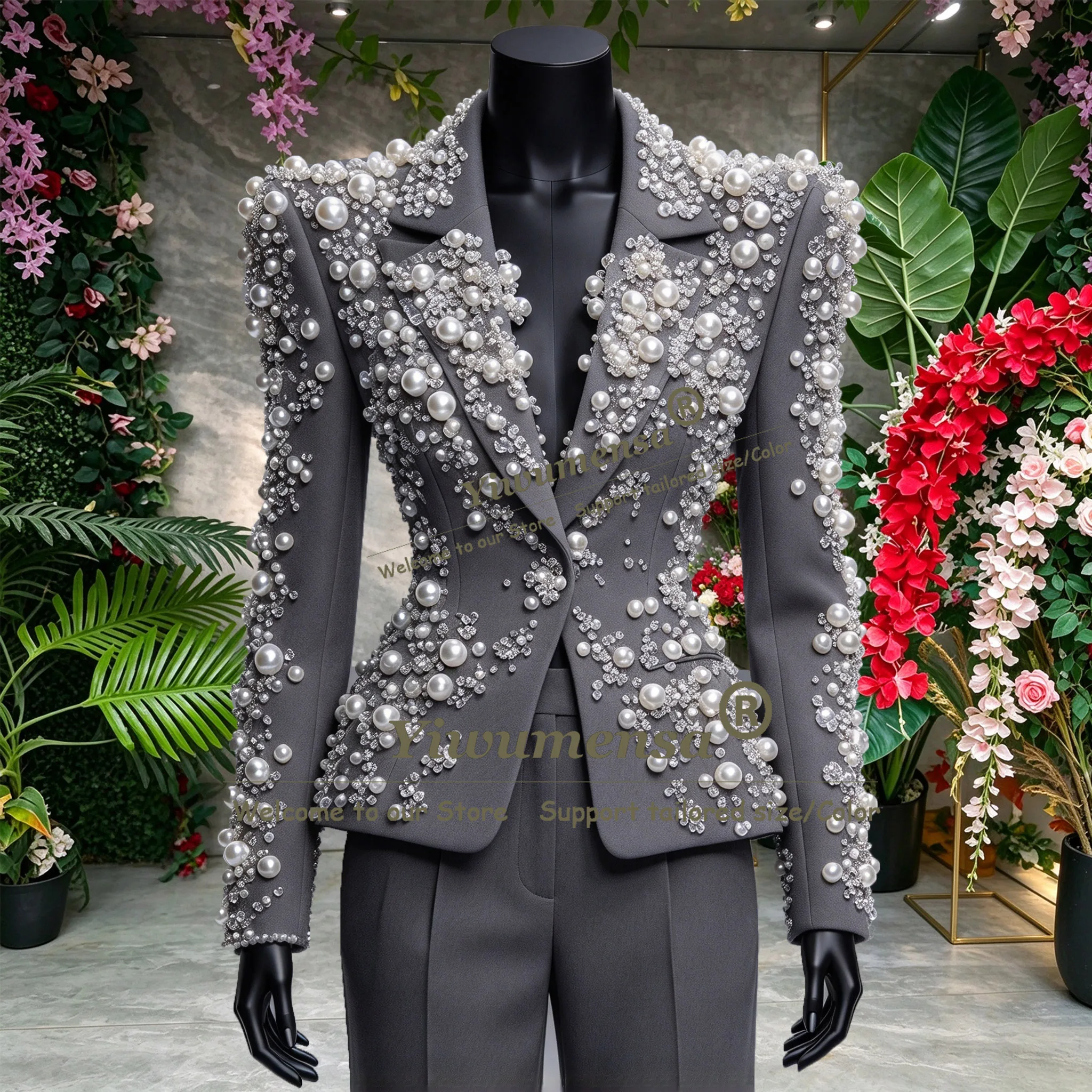 Wedding Suit For Woman Mother Of Groom Luxury Pearls Jacket Pants 2 Piece Sets Lady Business Party Tuxedo Customized Female Coat