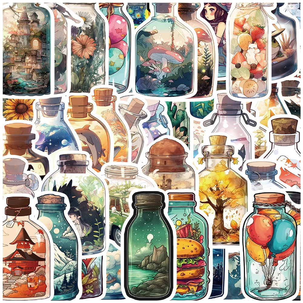 10/30/50PCS Vintage INS Style Bottle World Cartoon Aesthetic Stickers Decals Waterproof Kawaii Anime Decoration Sticker Kids Toy