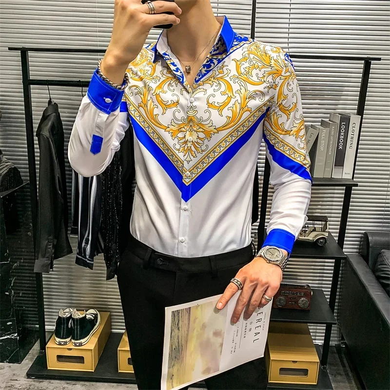 

Men's gold printed luxury shirts, vintage long sleeve shirts, casual tights, party dress shirts, nightclubs, streetwear