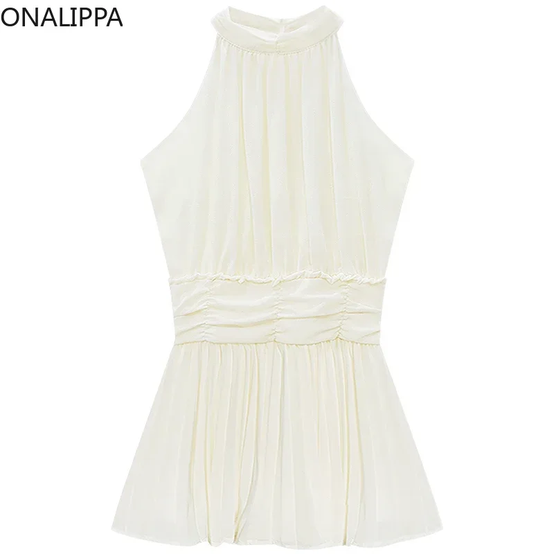 Onalippa Halter Chiffon Pleated Dress Women Gentle Wind Off-shoulder High Waist Dresses French Style A Line Sweet Vestidos