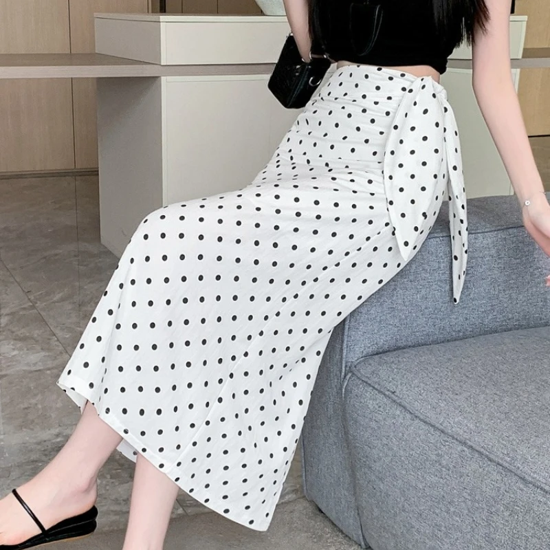 

Seoulish Dots Printed A-line Skirts for Women 2025 New Spring Summer Elegant Lace Up Back Split Mid Length Women's Skirts Female