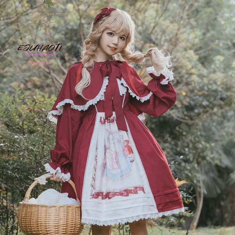 

Original Genuine Little Red Riding Hood Lolita Dress Full Set of New Year's Red Cute Bow Jsk Shawl Cape Clothes Free Shipping