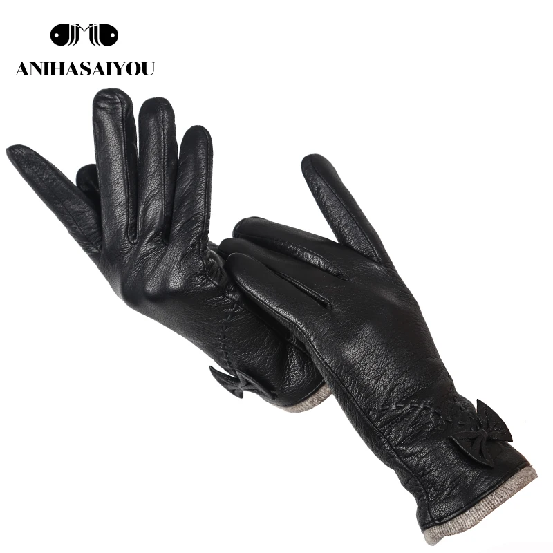 Guantes de cuero de alta calidad para mujer, guantes de piel de oveja de cuero genuino para mujer, guantes de invierno para exteriores para mujer