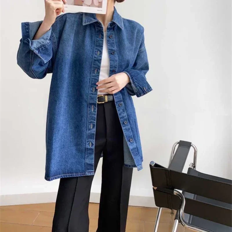 2022 Spring Retro Washed Coat Blue Profile Casual Loose Denim Shirt Women Jacket