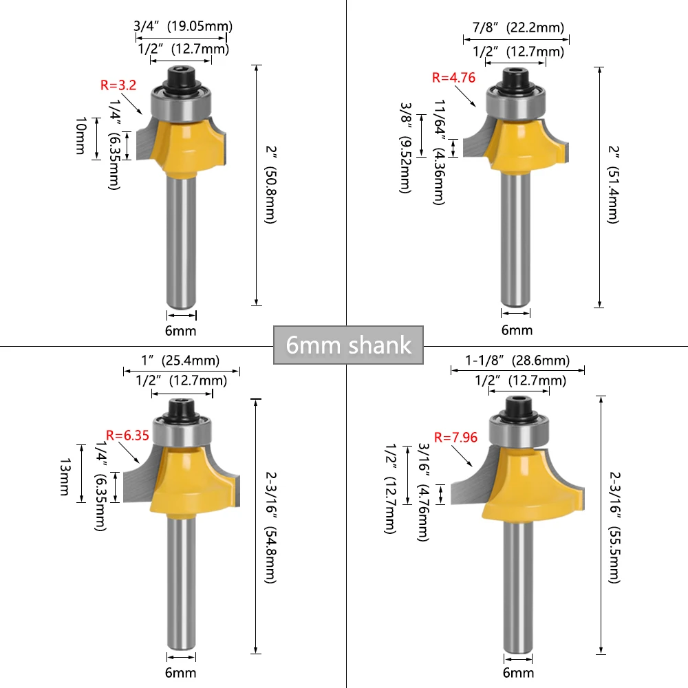 LAVIE Fräser-Set, 4 Stück, zum Abrunden von Kanten, 1/4" und 6 mm Schaft, zum Glätten scharfer Holzkanten und zum Erzeugen konvexer Radiuskanten. – Detail 15