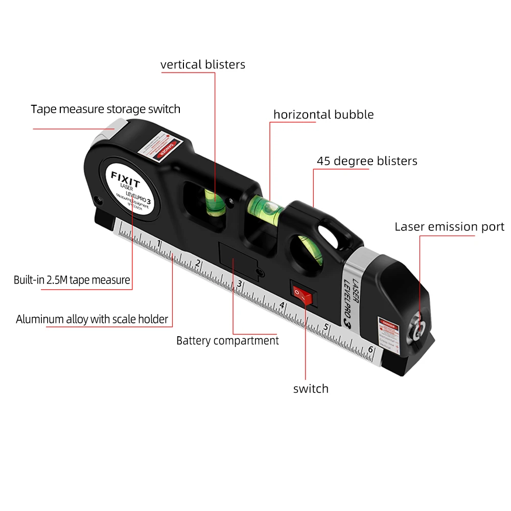 Level Laser Horizon Vertical Measure Tape Aligner Bubbles Ruler 8FT Aligner Standard and Metric Rulers Cross Line laser