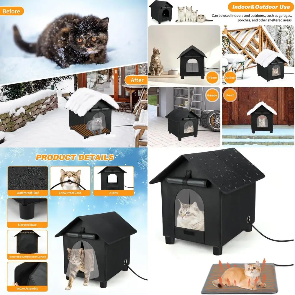 

Большой водонепроницаемый изолированный уличный кошачий домик с аварийной дверью для ферлов и маленьких собак (черный, 17,3x20,9x20,8)