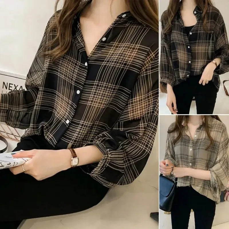 Camisa feminina clássica com estampa xadrez, lapela, batwing, top manga longa, botões de suporte, blusa fina casual, roupa feminina, workwear