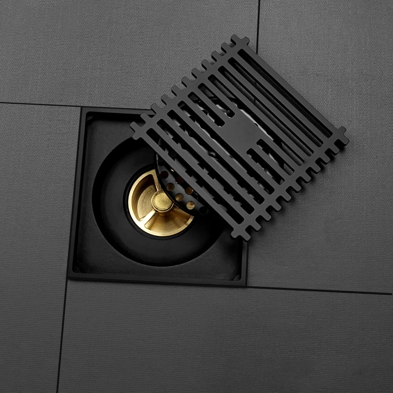 Black Golden Bathroom Square Shower Drain Brass Floor Drainer Trap Waste Grate Cover Hair Strainer Floor Water Drainage 4 Inch