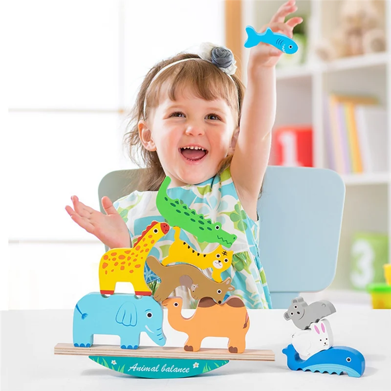 A19Q-Boys Girls Wooden Animal Blocks Stacking Toy Kids Birthday For Boy Girl Age 2-6 Educational Toys Fine Motor Balance Game