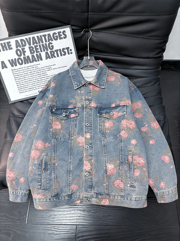 

Мужская джинсовая куртка Waed с цветочным принтом, отложным воротником, для весны и осени, повседневная, из смесового хлопка и полиэстера