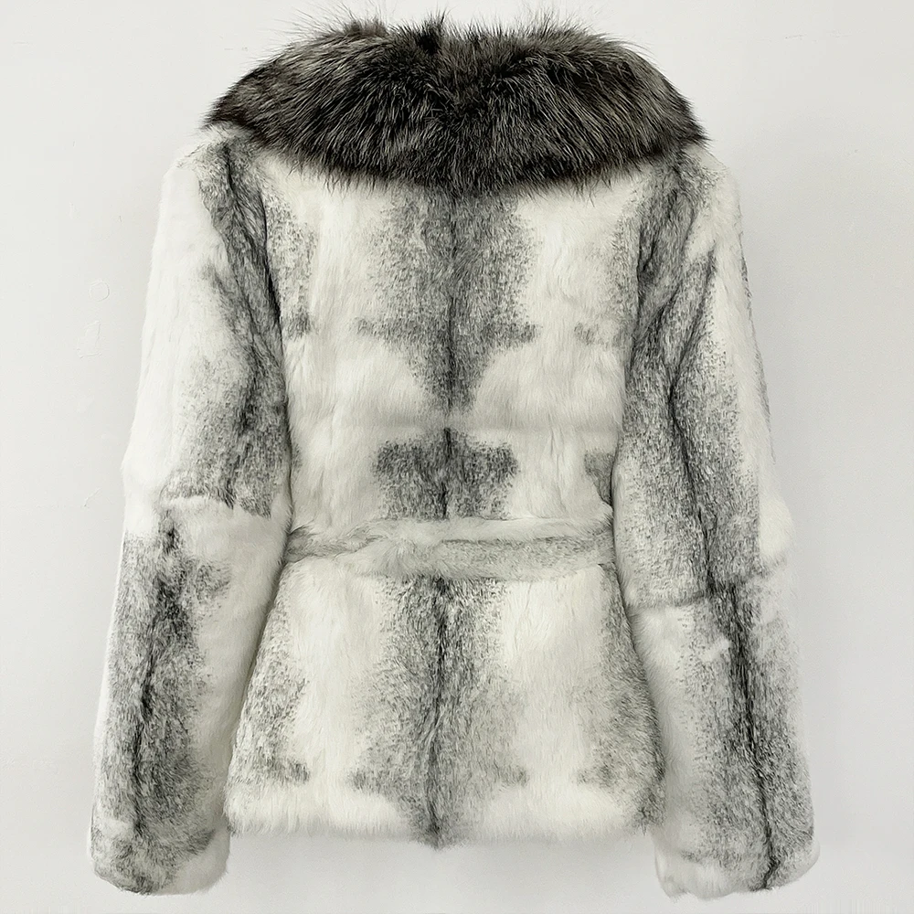 MENINA moda gruesa cálida abrigo de piel de conejo auténtico señora nuevo Otoño Invierno Top ropa mujer manga larga cuello de piel de zorro chaqueta mullida