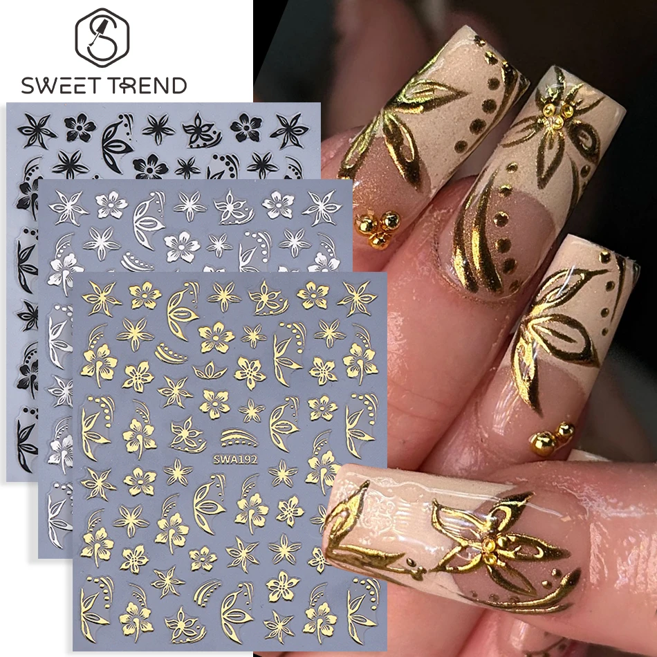 

3pcs Elegant Flower Nail Sticker Gold Silver Black Hibiscus Floral Petals Leaf Design Nail Decals Slider DIY Manicure Decoration