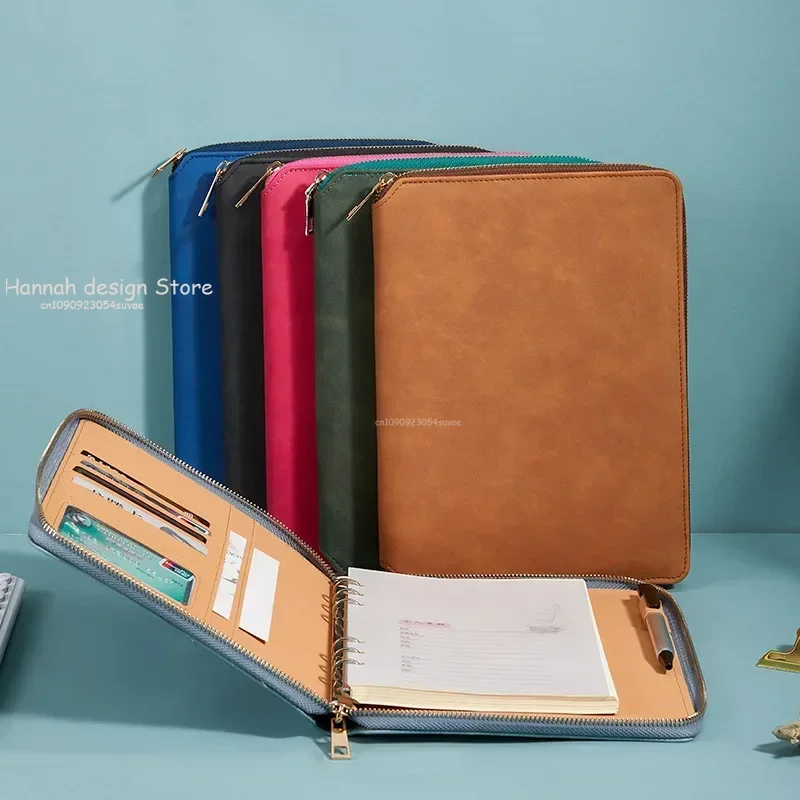 A5 Business Ring Binder Card Slots Travel With Calculator PU Leather Cover Loose Leaf Zipper Notebook Multifunctional