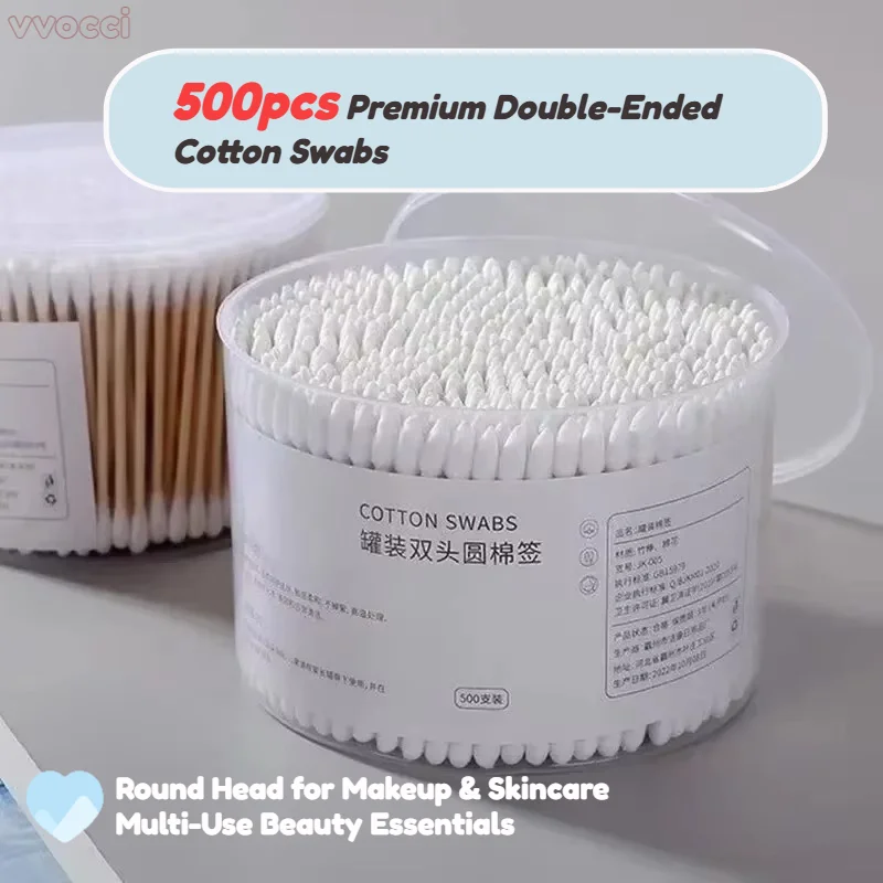500pcs Premium Double-Ended Cotton Swabs – Round Head for Makeup & Skincare, Multi-Use Beauty Essentials