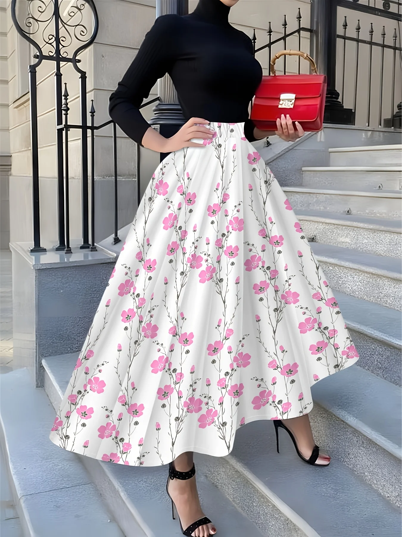 

Женская элегантная юбка миди с цветочным принтом, белый фон, розовые цветы, высокая талия, А-силуэт, летняя офисная повседневная рабочая юбка