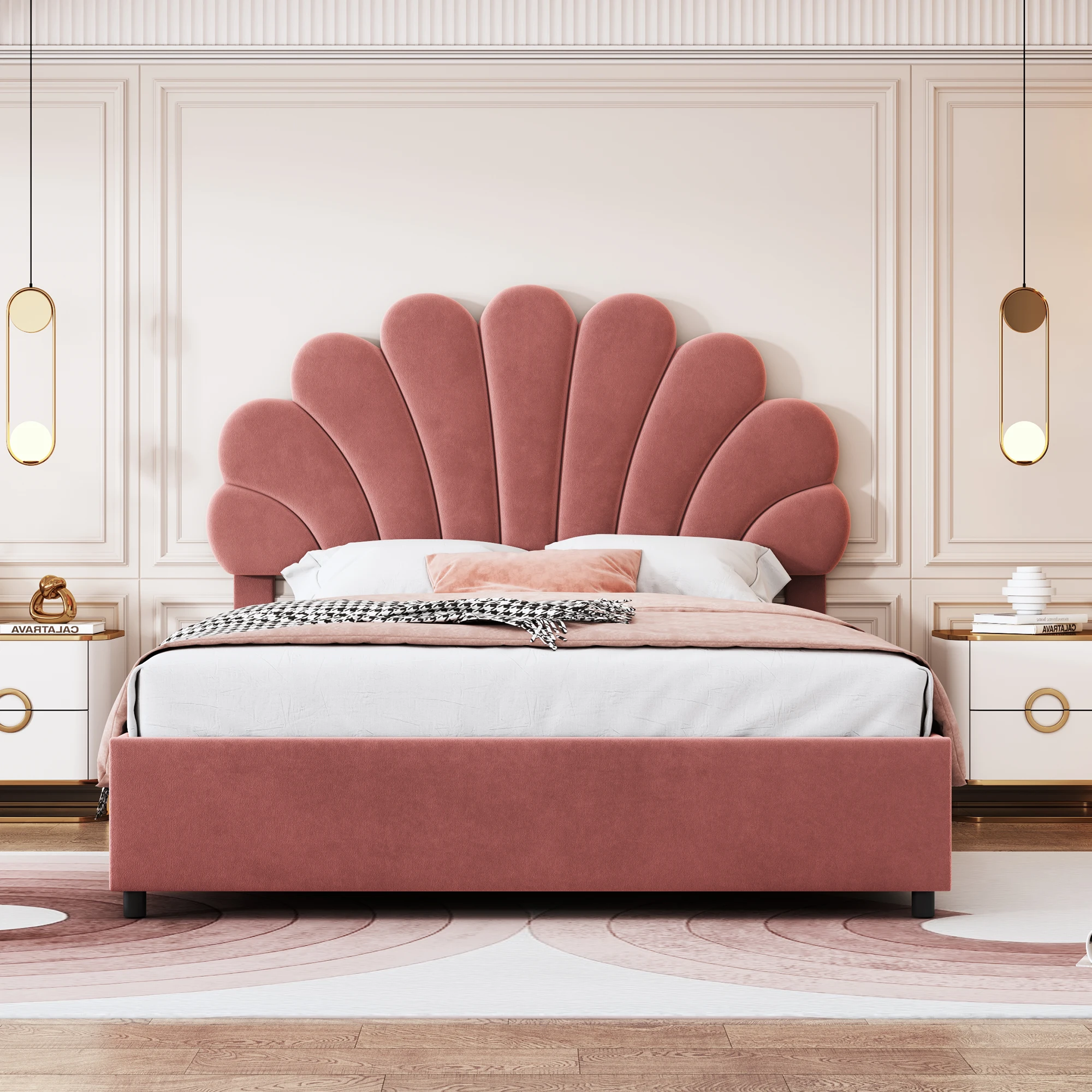 KOMHTOM Lit double en tissu velours 140x200 cm avec tête de lit réglable en hauteur, espace de rangement hydraulique et sommier à lattes