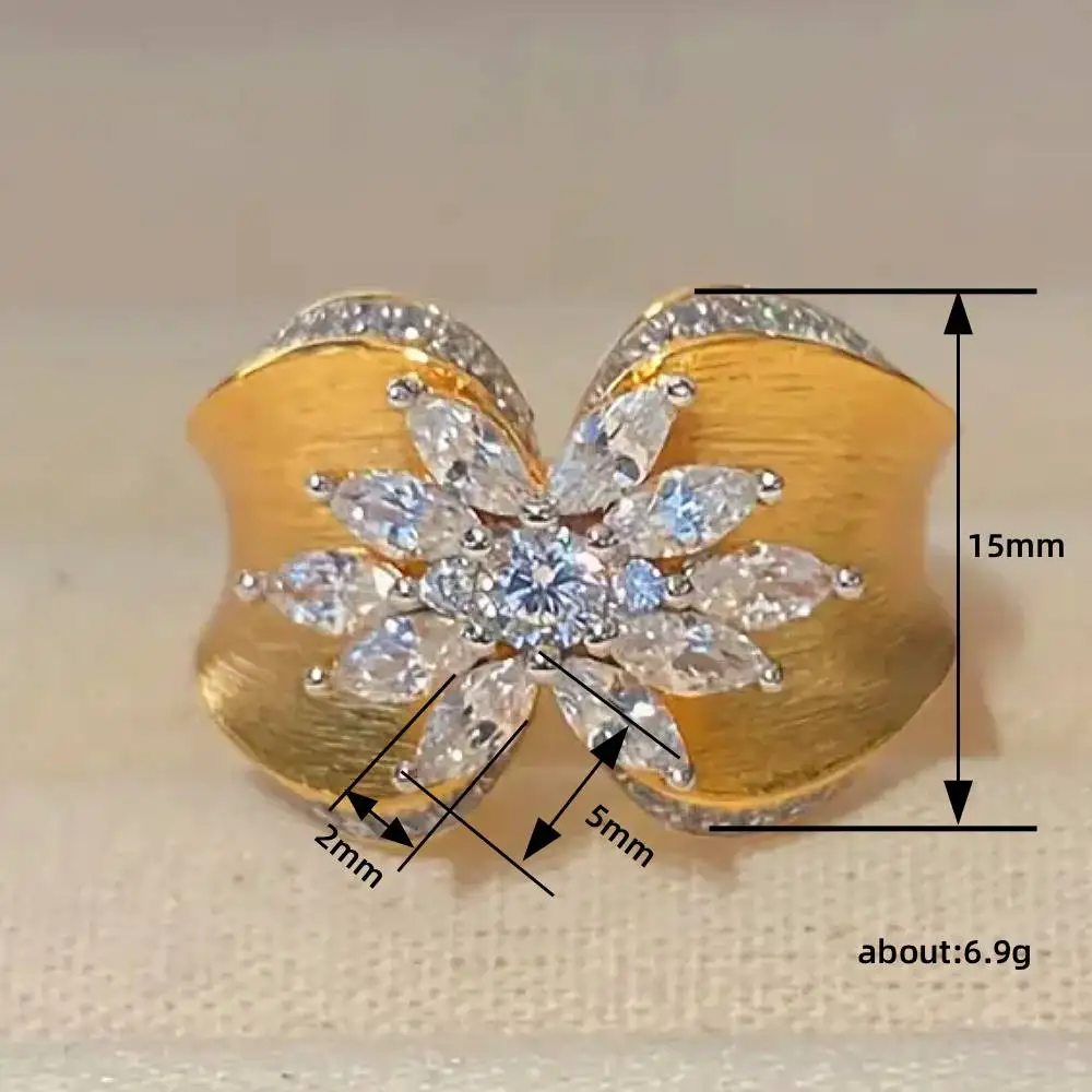 Huitan Ring mit Blumenkurvendesign, zweifarbig, für Damen, luxuriöses Hochzeits- und Verlobungs-Accessoire, bezaubernder Schmuck mit glänzendem CZ-Stein – Detail 9
