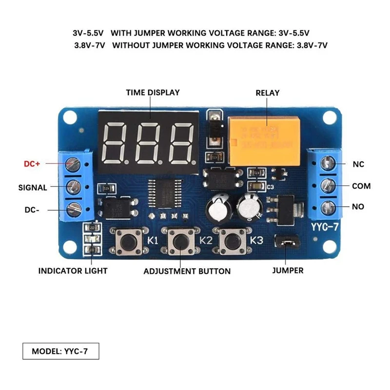 โมดูลหน่วงเวลาเต็มรูปแบบจอแสดงผล LED รีเลย์ตั้งเวลา 3V 3.7V 4.5V 5V 6V สัญญาณวงจรจับเวลาสวิทช์ multi-Functional ปรับ