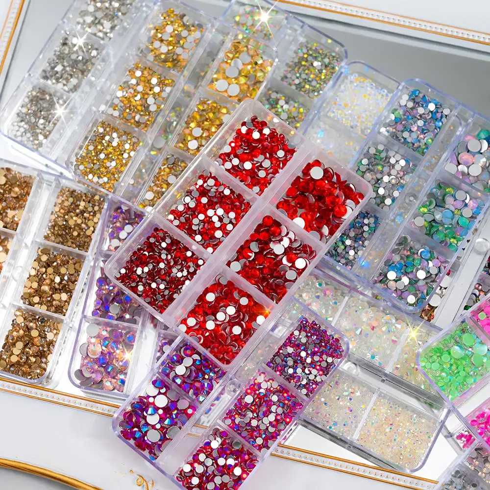 

6Grid/Box AB Flatback Rhinestones Nail Charms 3D Glitter Gems Crystal Press on Nails DIY Manicure Decoration Nail Art Accesories