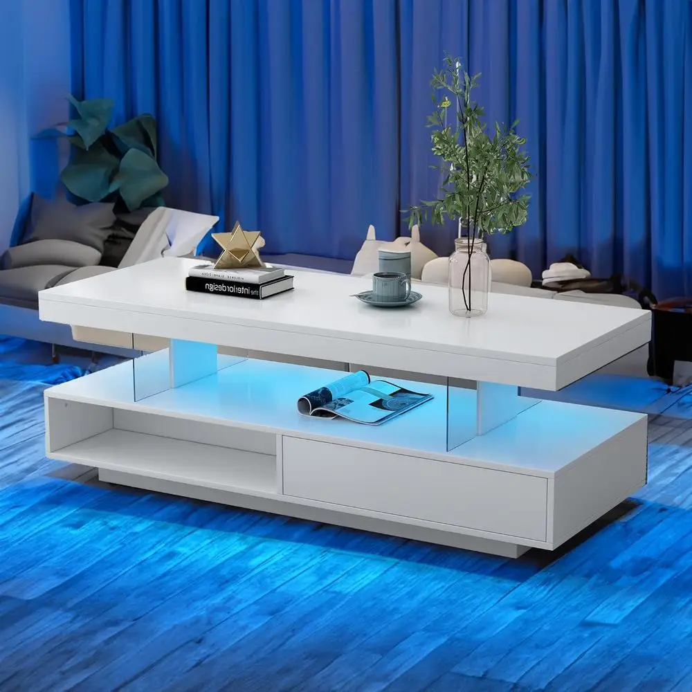 

LED Coee Table with Storage, High Glossy LED Coee Tables or Living Room, Center Table with Open Display Shel & Sliding Ders, (Wh
