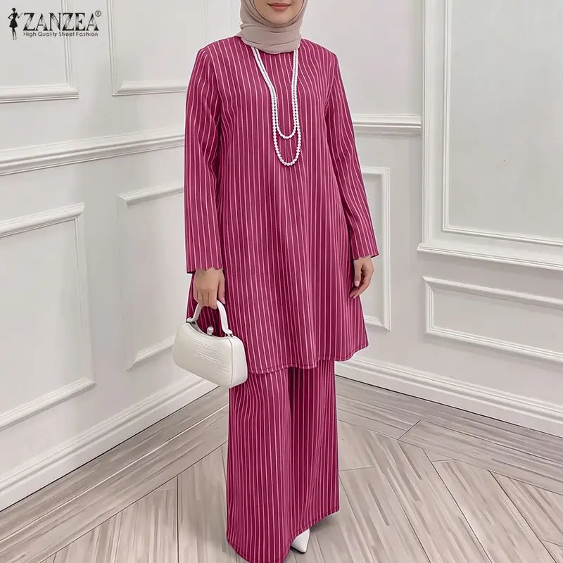 ZANZEA Modische Muslimische Sets für Damen, Lange Oberteile mit Maxirock, Lockerer Abaya-Anzug, Lässiger Kaftan, Ramadan-Outfits, Gestreifte Passende Sets