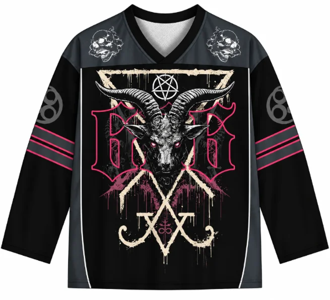 Gothic Baphomet Unisex 3D Print Long Sleeve V Neck Ice Hockey Shirt Pentagram Occult Symbol Punk Streetwear Pullover