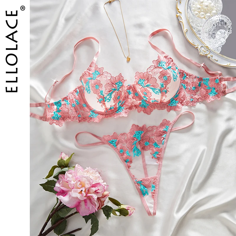 

Ellolace Floral Sexy Lingerie Pink Embroidered Cyan Embellish 2PC Set Coquette Youth Girl Women's Underwear Pure Desire