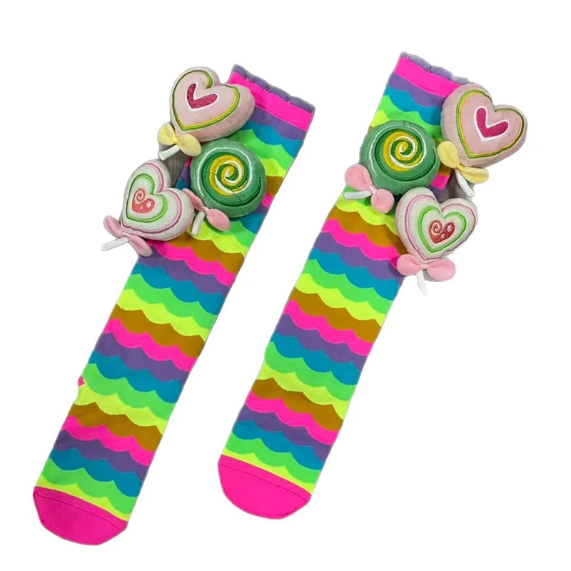 Lange kniehohe Röhrensocken für Mädchen, lustiges 3D-Design, neuartige, bunte, nicht thermische Kinderstrümpfe in Regenbogenfarben – Detail 3