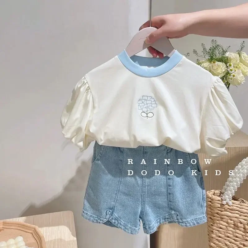 

Korean Teenagers Baby Kid Girls Embroidery T-shirt 2024 Summer Short Sleeve Top +Denim Shorts 2pcs Outfits Baby Girl Clothes