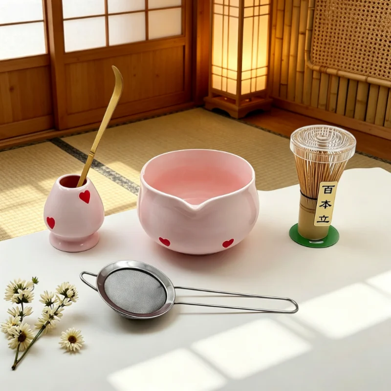 Matcha Whisk Set - 5/6pcs Pink Heart Decal Ceramic Matcha