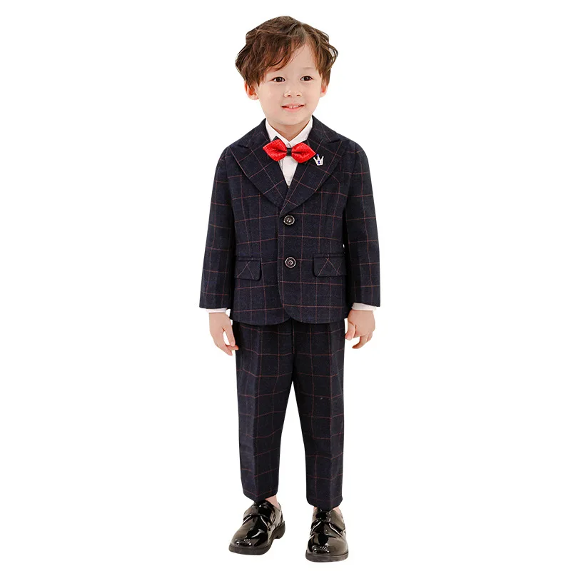 Children Formal Plaid Suit Set Autumn Winter Boys Wedding Party Performance Costumes Kids Blazer Vest Pants Bowtie 4pcs Clothes