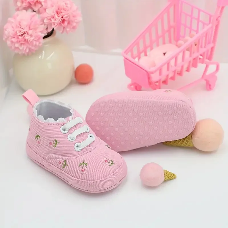 Zapatos para caminar con estampado de flores adorables para niña, cómodos, antideslizantes, informales, adorables, con cordones, para actividades al aire libre infantiles