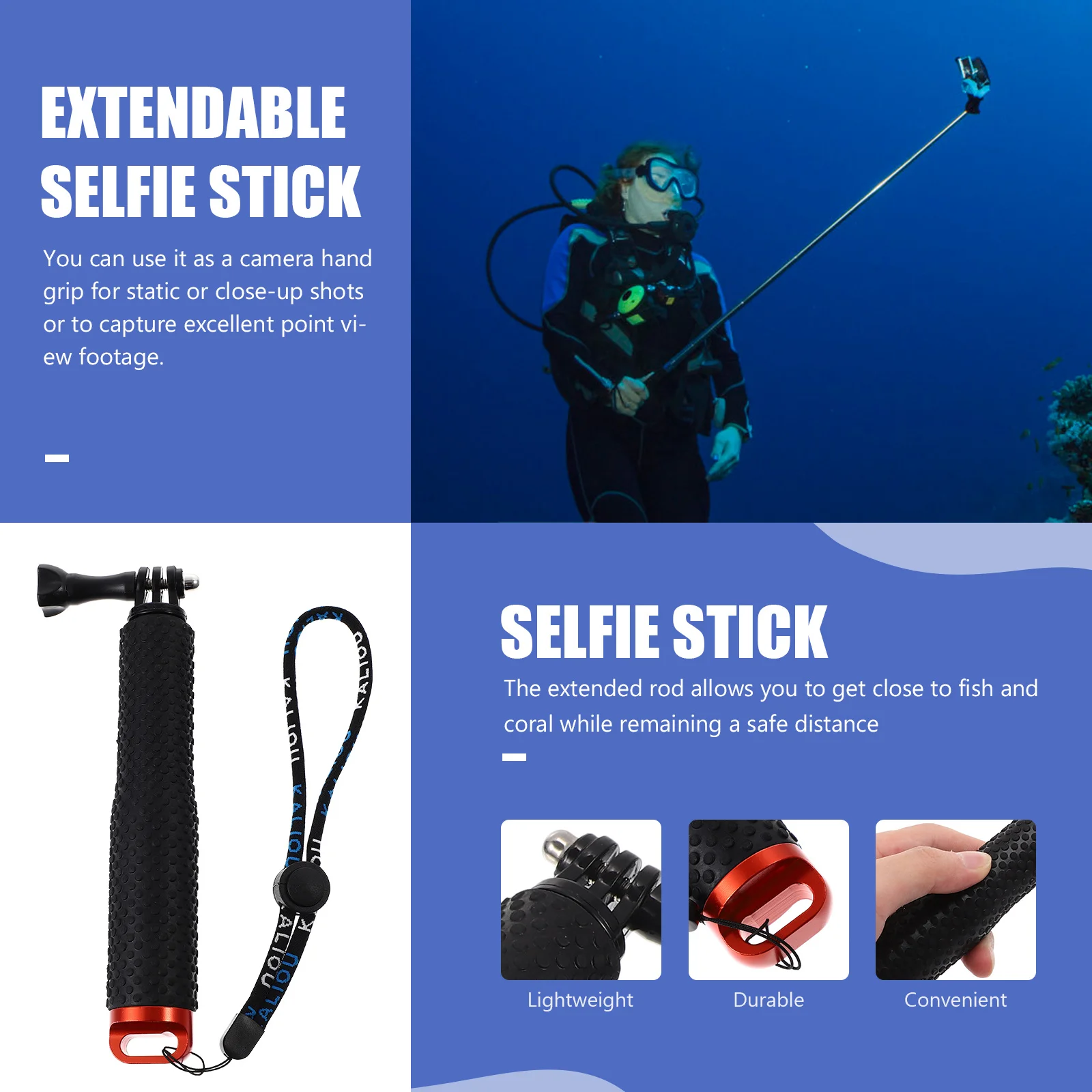 

Extendable Sports Camera Stick Professional Handheld Aluminum Selfie Stick Lightweight Portable Travel Accessories for Diving