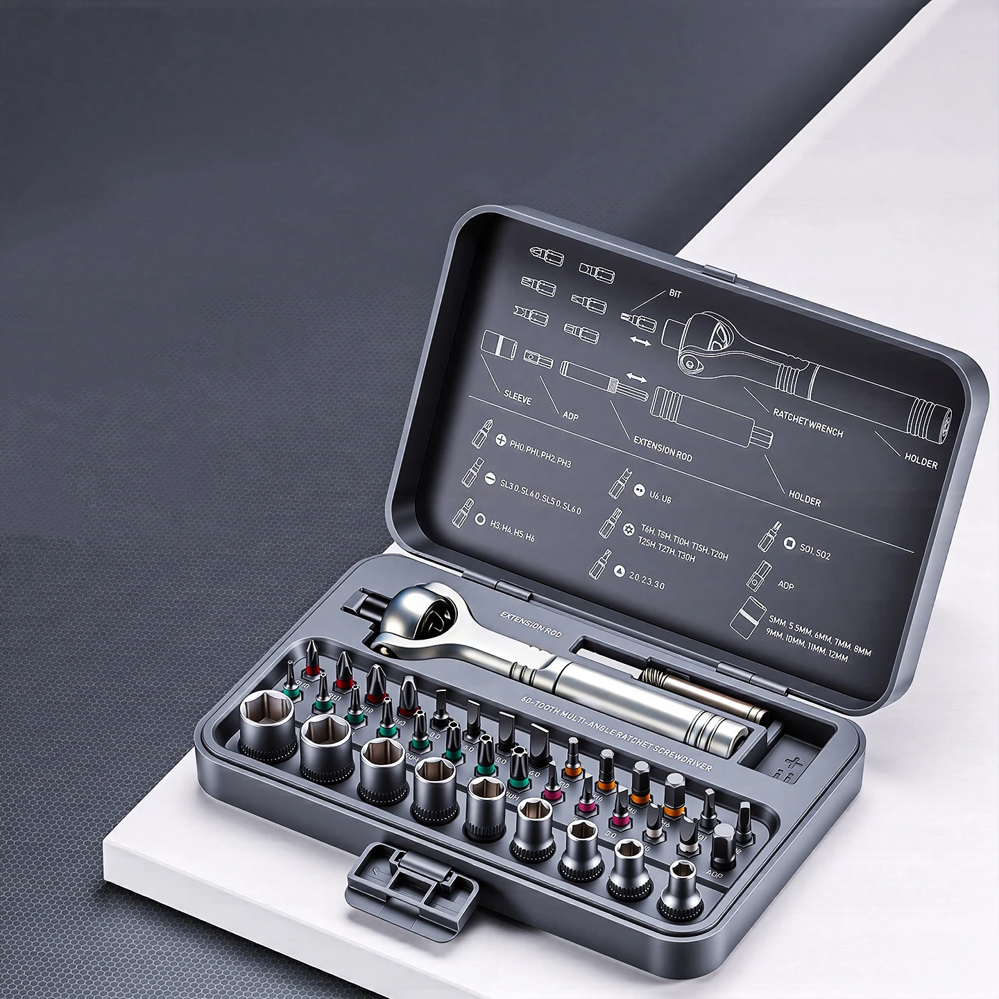 40 in 1 magnetic ratchet screwdriver set with Detachable Handle, 180° Ratchet Head, 45-Tooth Mechanism, Electronics Repair, DIY