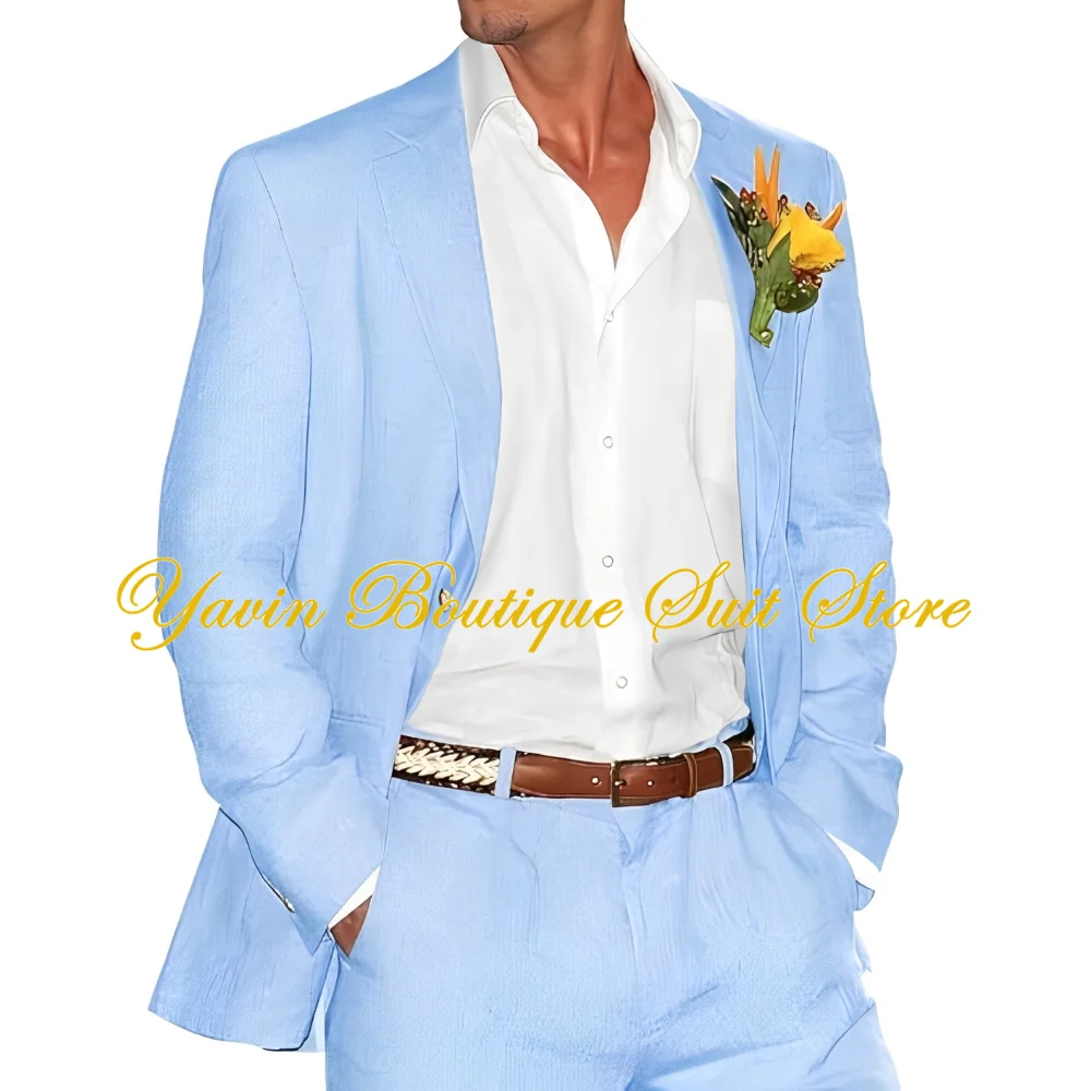 Completo da uomo in lino 2 pezzi Slim Fit per uomo Summer Beach Wedding Groom giacca di lino Set di pantaloni di lino