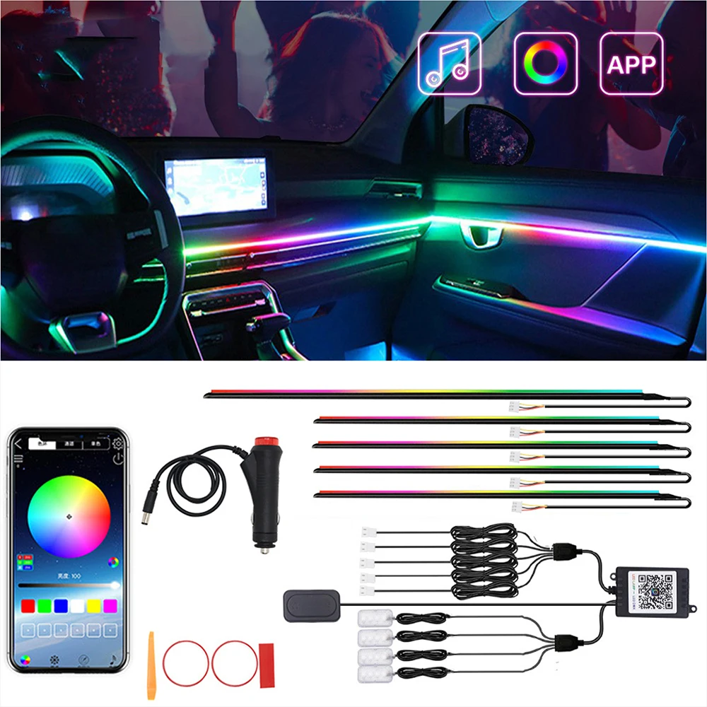 

LED RGB Car Interior Ambient Strip Lights Fiber Optic Atmosphere Neon Lighting Kit W/ APP Remote Control Auto Decorative Lamps