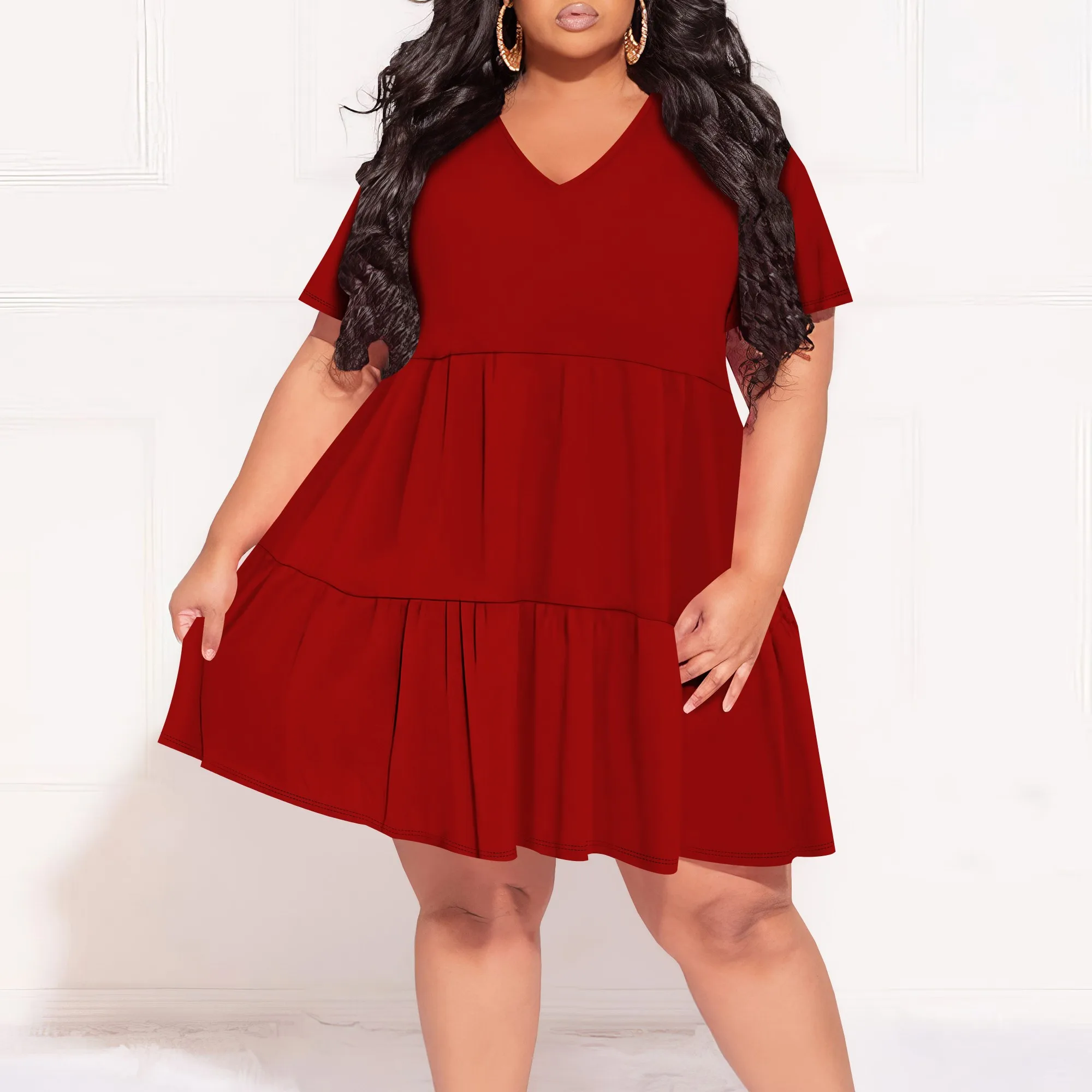ชุดเดรสสําหรับผู้หญิงฤดูร้อน 2025 V คอ Ruffle Sleeve A Line ฉัตร Flowy Casual อินเทรนด์ Mini Beach Dress