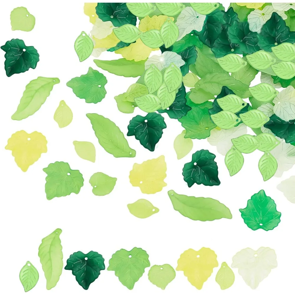 

160 Pcs 8 Styles Acrylic Leaves Green Acrylic Leaf Charms Frosted Leaves Beads Maple Leaf Pendants for Earring Necklace kit
