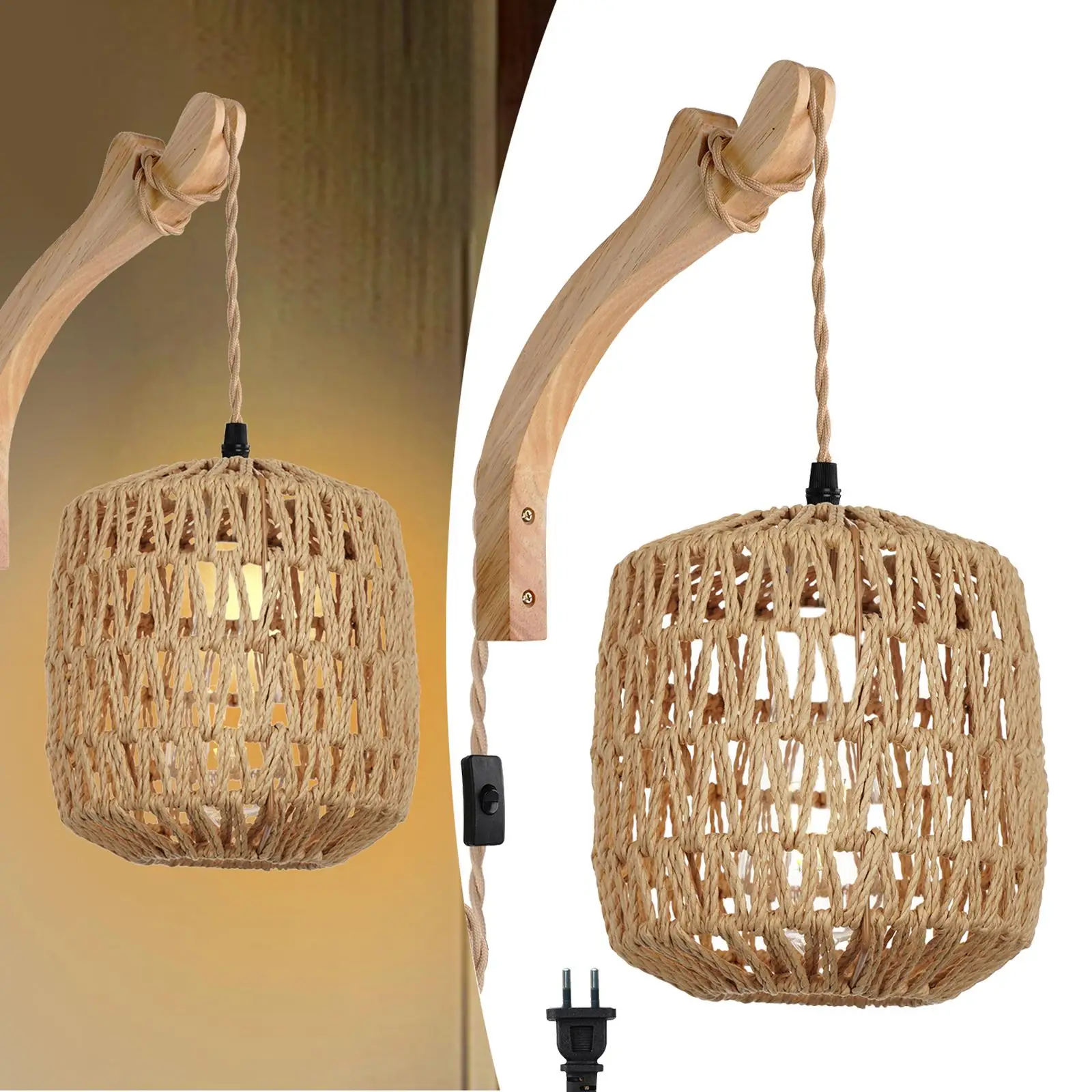 

Wall Lamp Handwoven Lampshade Boho Lighting Wall Sconce Wood Bracket Plug in Wall Light Sconces for Porch Nursery Bedroom