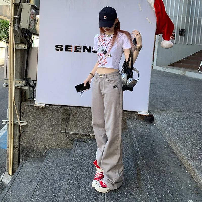 High Waist Straight Leg Embroidered Waed Denim Jeans Women's Summer Loose Wide Leg Slimming Drapey Long Pants Street Sle