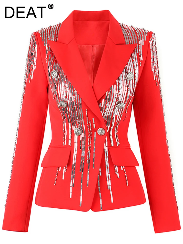 

DEAT 2024 Autumn Women's Blazer New Notched Slim Sequins Rivet Double Breasted Long Sleeve Red Suit jackets Female Tide 7YZ8501