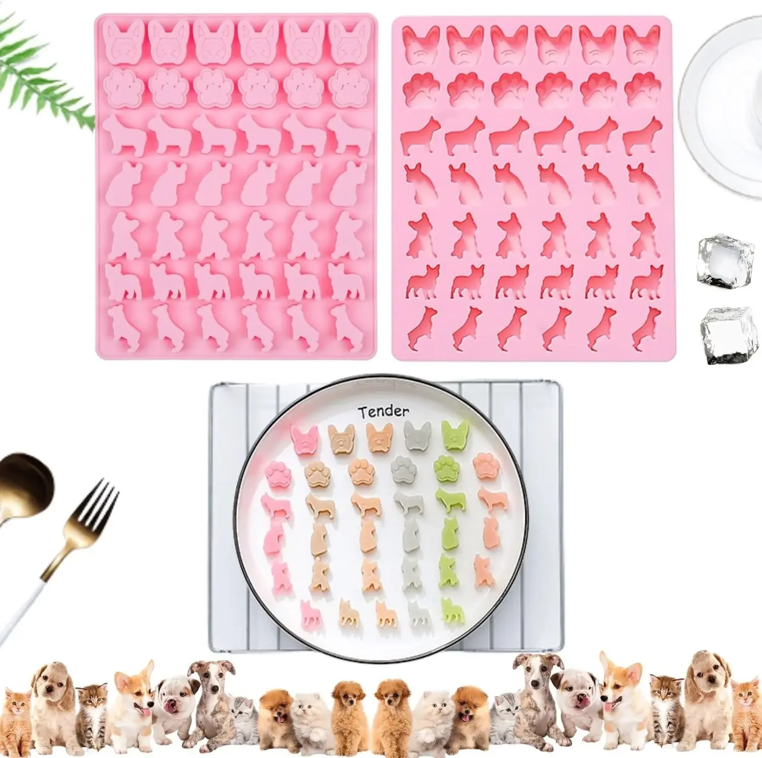 

2 Pack 42 Cavity Dog & Paw Silicone Mold Non-Stick Food-Grade for Dog Treats, Chocolate, Candy, Ice Cube, Jelly Baking Tools
