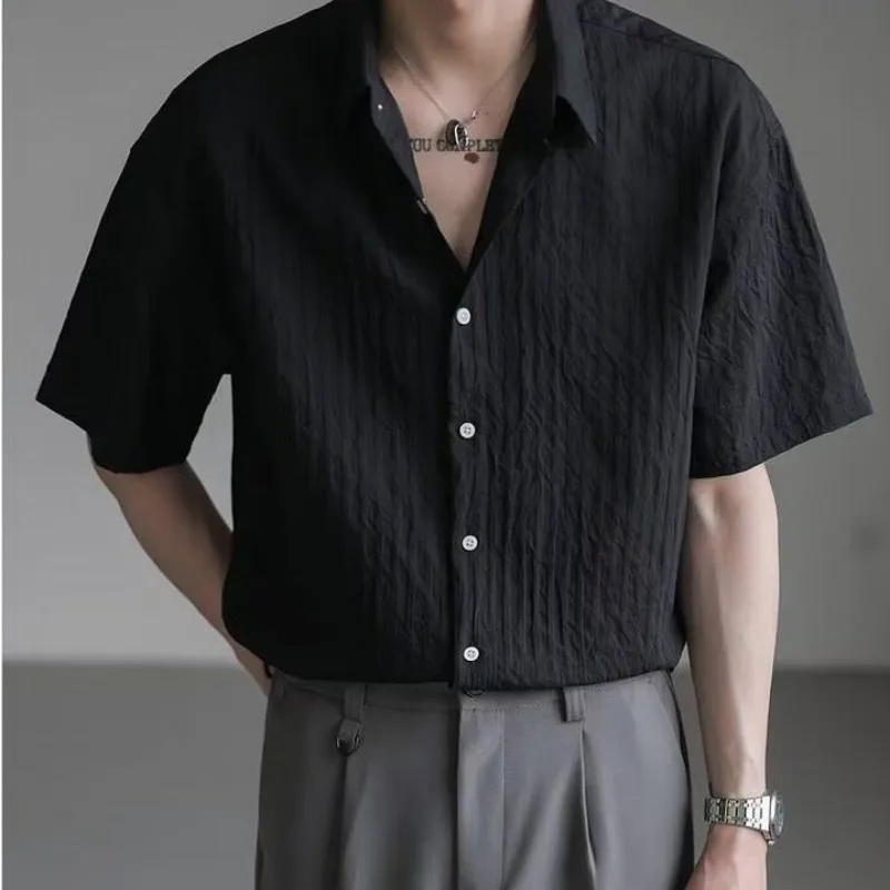 

Men's Black Textured Short Sleeve Shirt Casual Button Down Loose Fit Summer Top