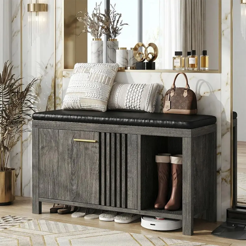 

Shoe Storage Bench with Cushion, 39.4x12.6x21.85, Slatted Door Cabinet for Entryway, Oak Grey