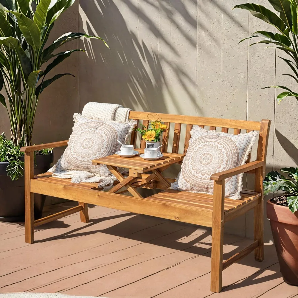 Outdoor Bench 2-Person Acacia Garden Chair Patio Porch Furniture with Foldable Small Table Plate for Deck, Yard, Balcony, Nature