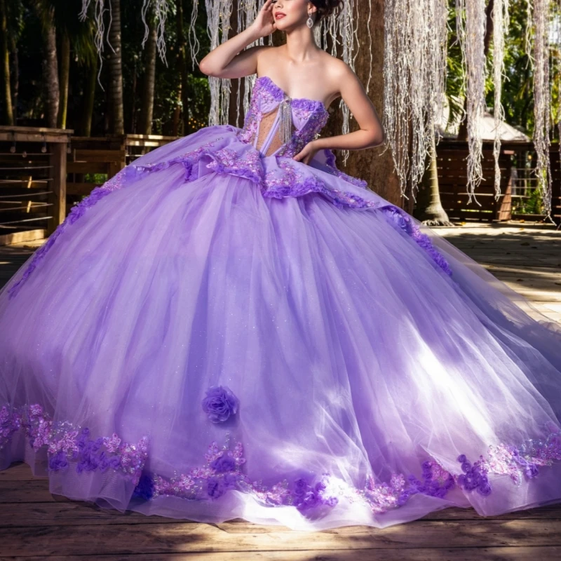 

Лавандовые блестящие платья Quinceanera с открытыми плечами, аппликация, цветок, бисер, кристалл, тюль, вечерние, день рождения, сладкое платье 16, Vestidos